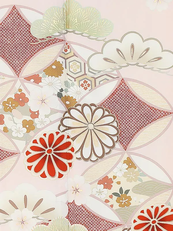 訪問着0074 紅一点 ピンク 七宝に菊