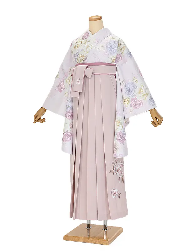 卒業袴0110 うす紫ホワイトバラ×ピンク花刺しゅう