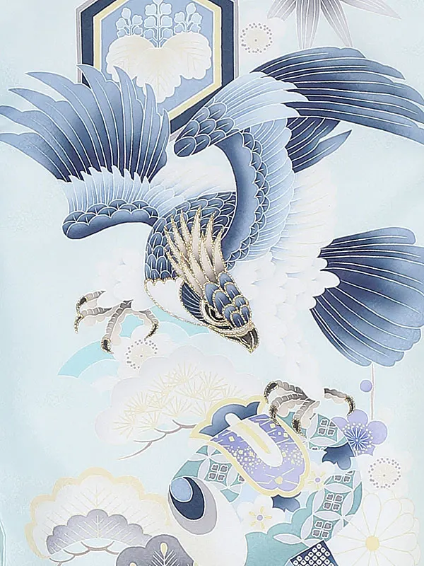 男児産着ﾚﾝﾀﾙ 0035 水色鷹にこづち吉祥文様