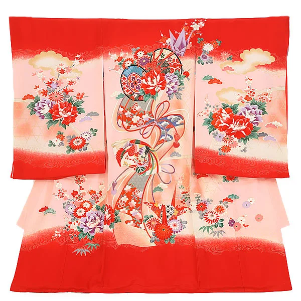 女児産着ﾚﾝﾀﾙ F003 赤花つづみ折鶴