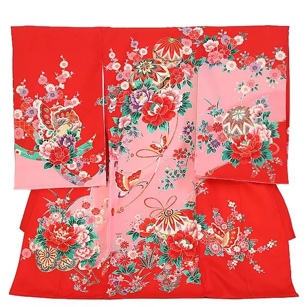 女児産着ﾚﾝﾀﾙ F006 赤ピンク花てまり蝶