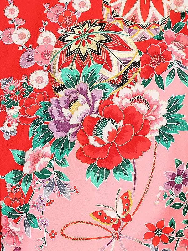 女児産着ﾚﾝﾀﾙ F006 赤ピンク花てまり蝶