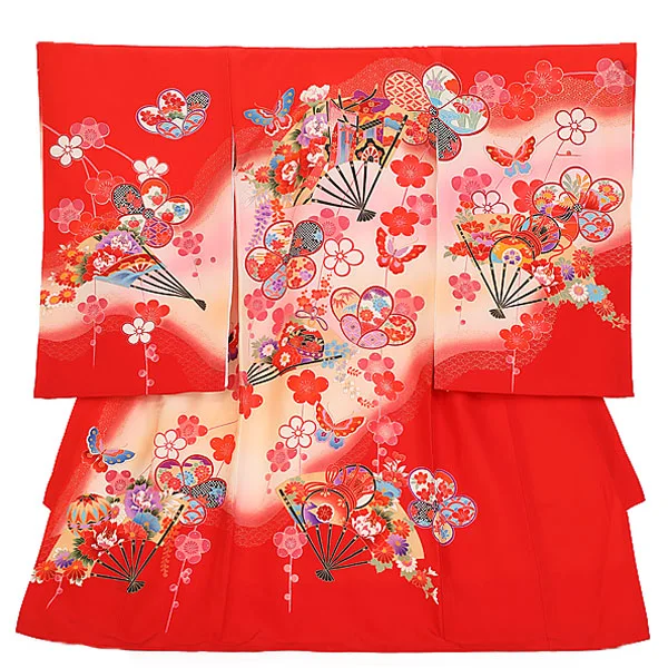 女児産着ﾚﾝﾀﾙ F008 赤祝扇蝶に花