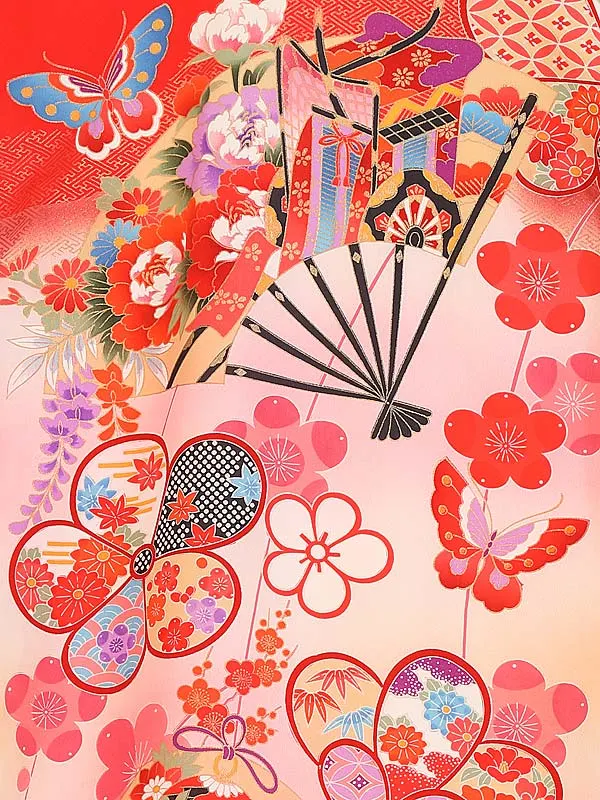 女児産着ﾚﾝﾀﾙ F008 赤祝扇蝶に花