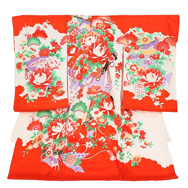 女児産着ﾚﾝﾀﾙ F009 赤祝扇花づくし