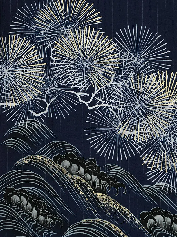 753レンタル  5292 華徒然 紺 鷹に波松×ベージュ縞ラメ