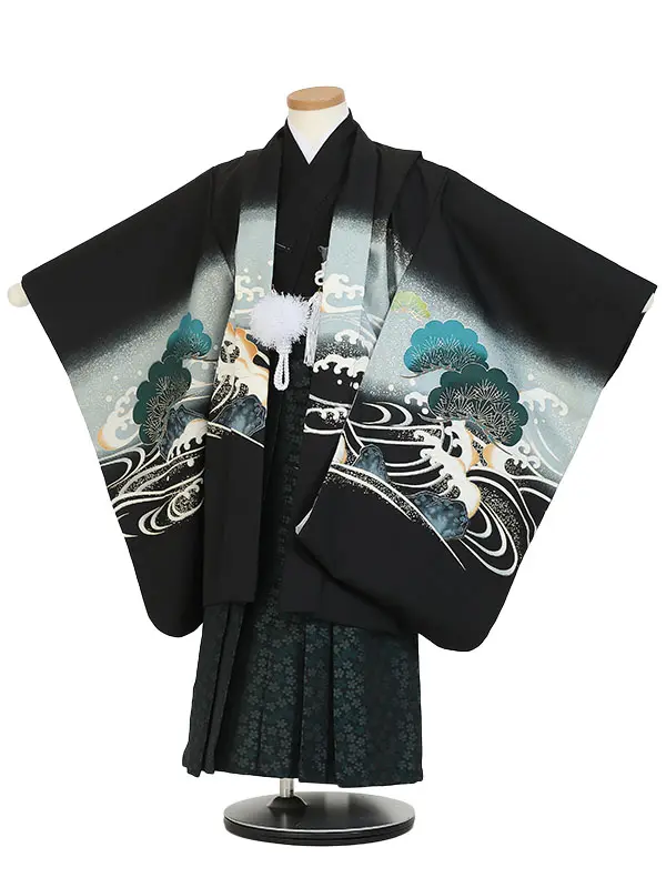 かんたん753レンタル B584 黒グレー金箔鷹×黒グリーン桜