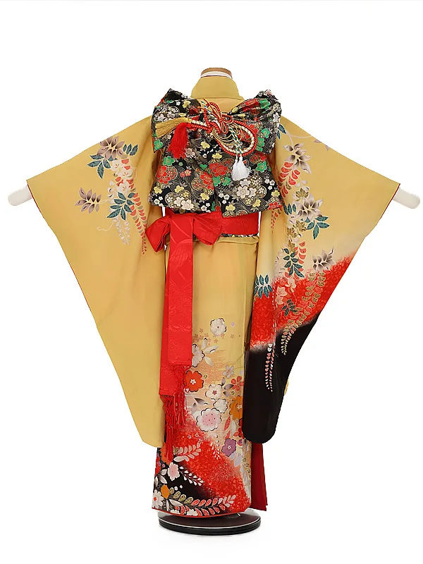 七五三レンタル(７歳女の子結び帯)7190 からし辻が花 藤