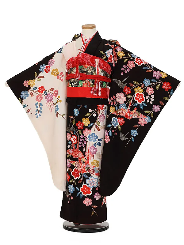 七五三レンタル(７歳女の子結び帯)7191 黒白しだれ桜 折り鶴