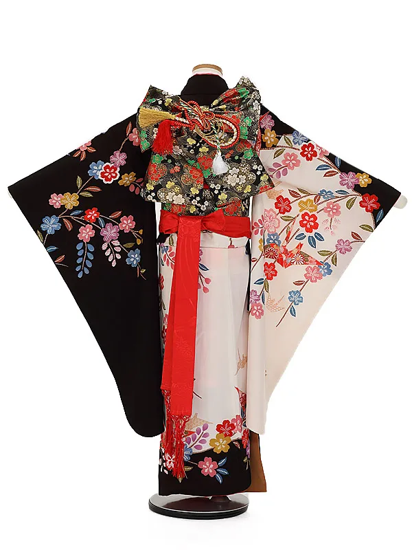 七五三レンタル(７歳女の子結び帯)7191 黒白しだれ桜 折り鶴