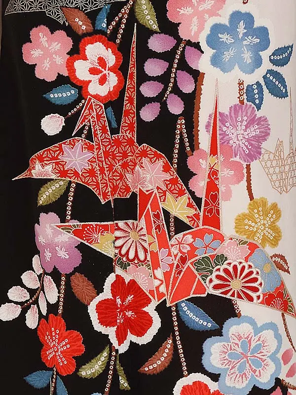 七五三レンタル(７歳女の子結び帯)7191 黒白しだれ桜 折り鶴