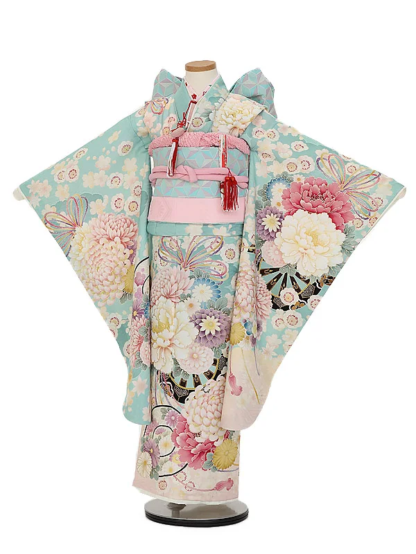 七五三レンタル(７歳女の子結び帯)7192 ペパーミンントブルー花車花薬玉