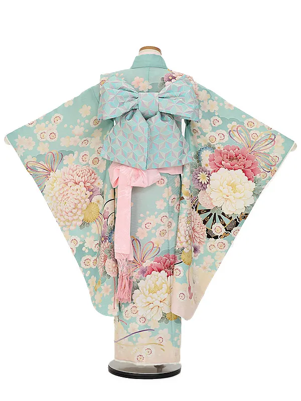 七五三レンタル(７歳女の子結び帯)7192 ペパーミンントブルー花車花薬玉