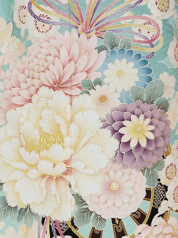 七五三レンタル(７歳女の子結び帯)7192 ペパーミンントブルー花車花薬玉