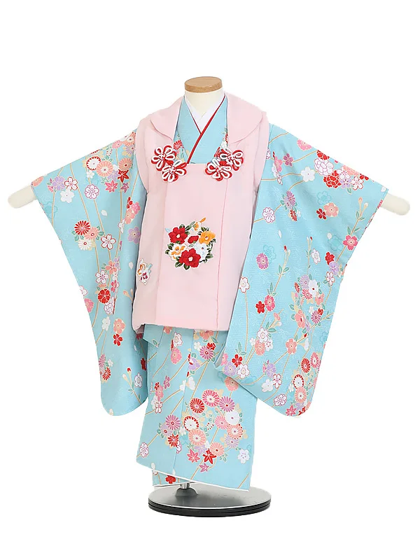 七五三(3歳女児被布)B431 水色四季の花×ピンク花刺しゅう