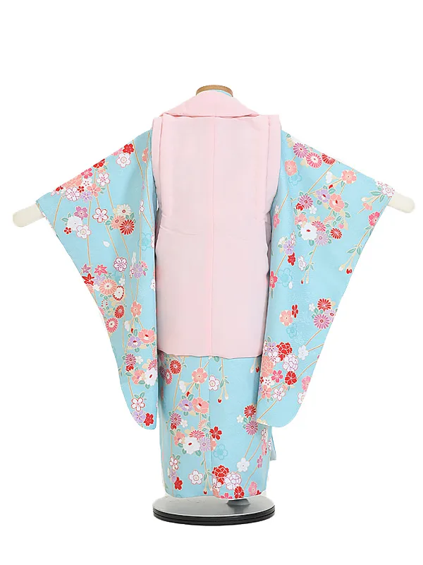 七五三(3歳女児被布)B431 水色四季の花×ピンク花刺しゅう