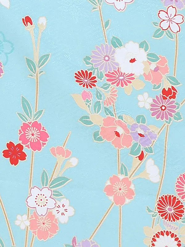 七五三(3歳女児被布)B431 水色四季の花×ピンク花刺しゅう