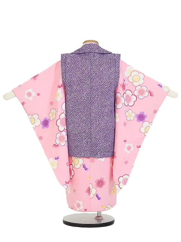 七五三(3歳女児被布)B432 ピンク花×紫かのこ柄