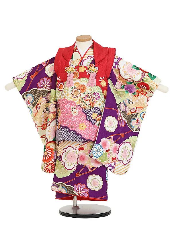 七五三(3歳女児被布)B435 紫花×赤多色かのこ柄