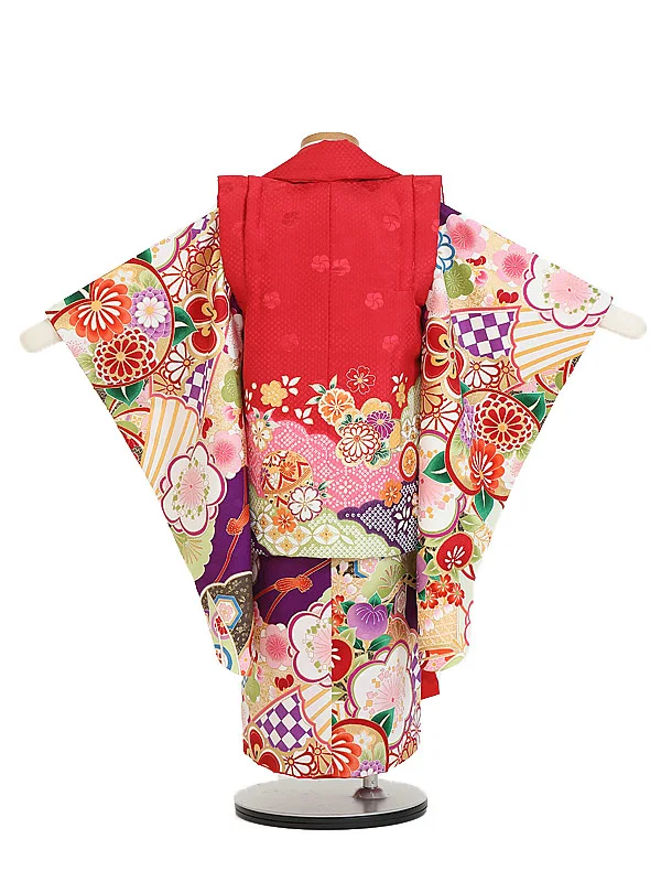 七五三(3歳女児被布)B435 紫花×赤多色かのこ柄