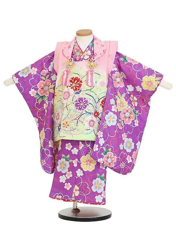 七五三(3歳女児被布)B439 華紫花柄×ピンク若草ぼかし