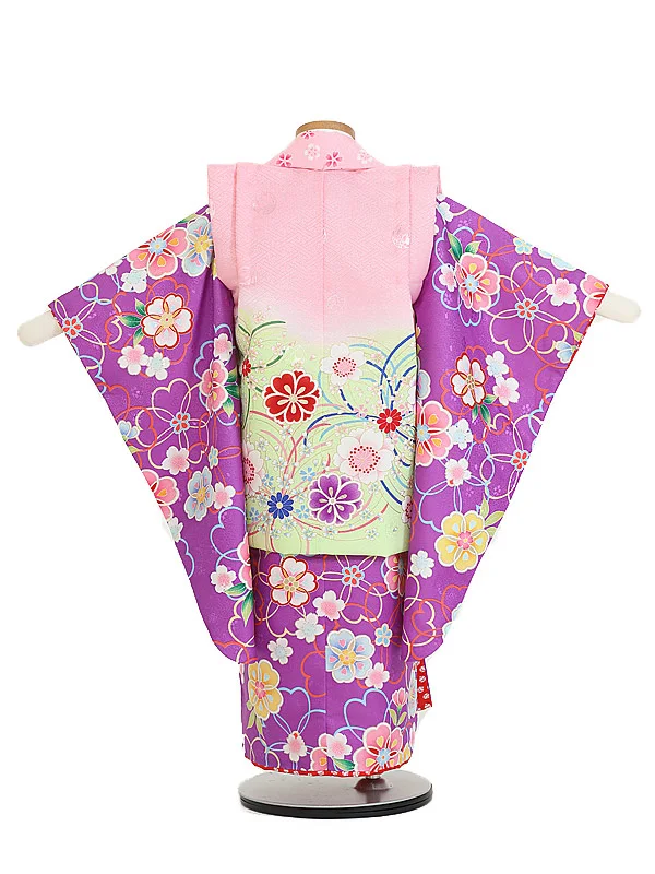七五三(3歳女児被布)B439 華紫花柄×ピンク若草ぼかし