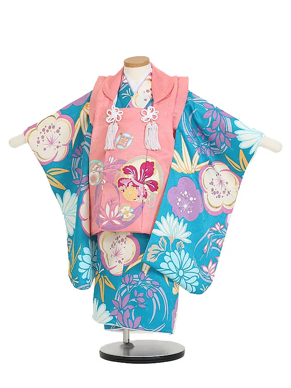 七五三(3歳女児被布)B440 エメ青 祝モダン花×サーモンピンク