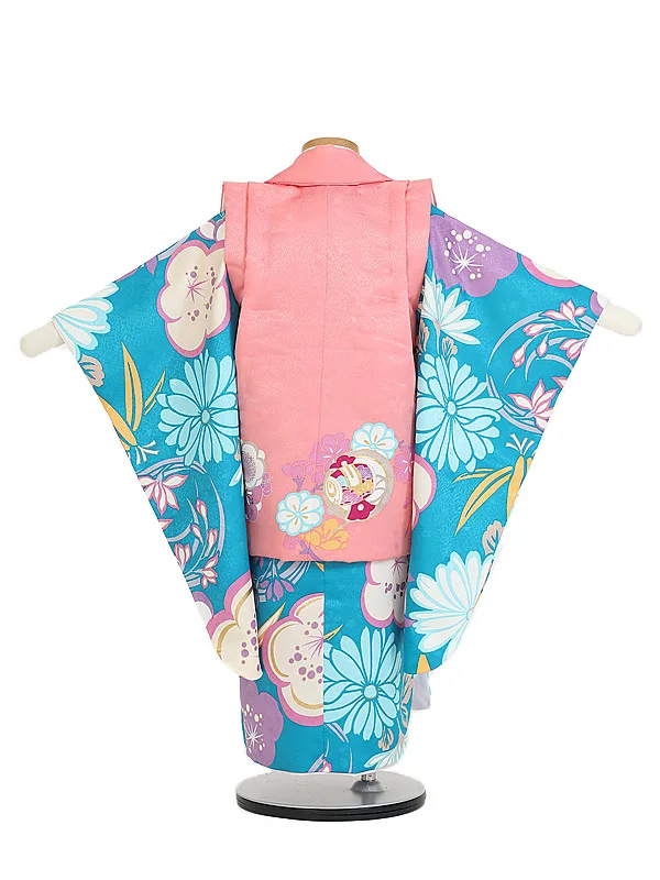 七五三(3歳女児被布)B440 エメ青 祝モダン花×サーモンピンク