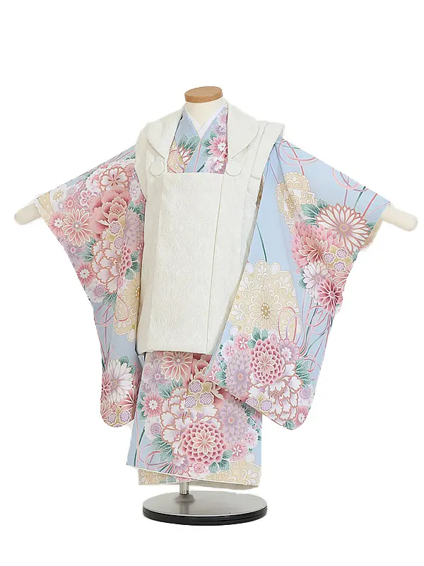 七五三(3歳女児被布)B442 水色 花てまり×クリームホワイト