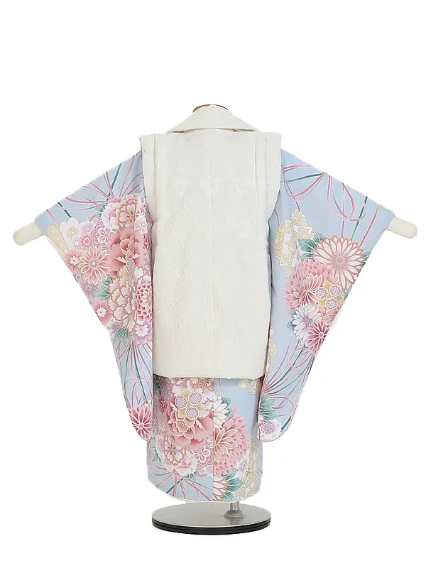 七五三(3歳女児被布)B442 水色 花てまり×クリームホワイト