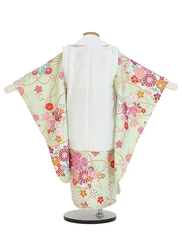 七五三(3歳女児被布)B444 若草花×白 花刺しゅう