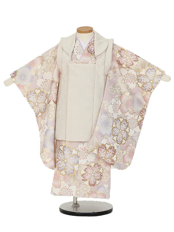 七五三(3歳女児被布)B448くすみピンク ラベンダー桜× ホワイトアイ