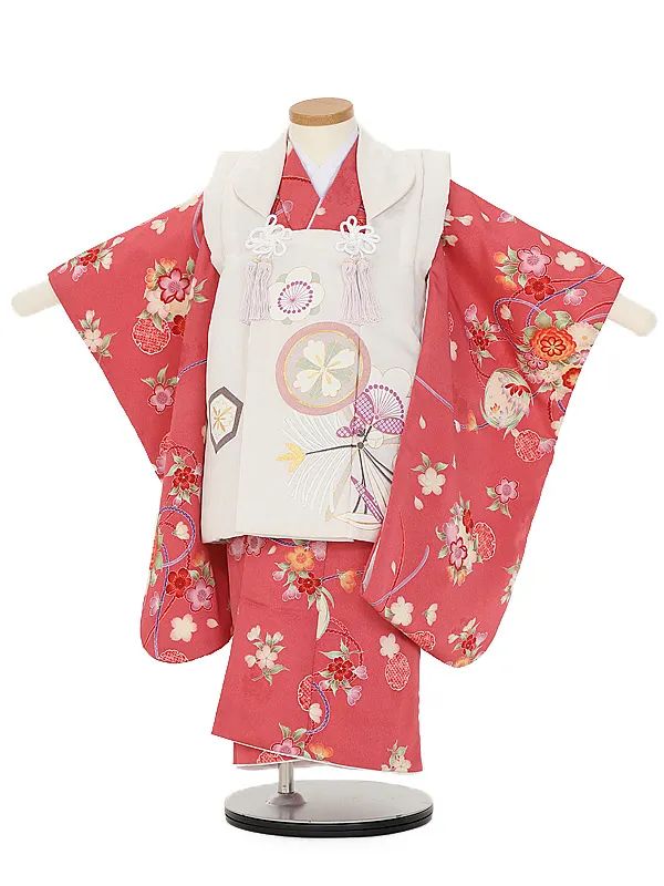 七五三(3歳女児被布)B452ローズピンク桜花×オフ白松竹梅