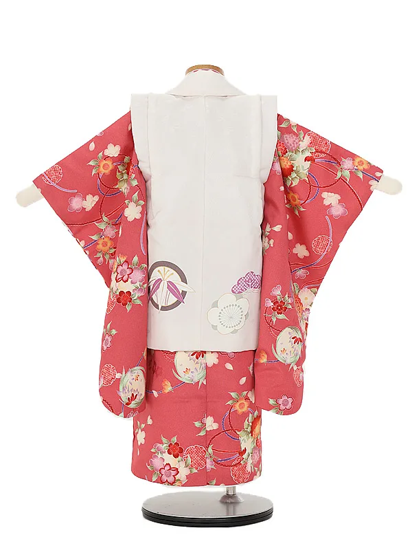 七五三(3歳女児被布)B452ローズピンク桜花×オフ白松竹梅