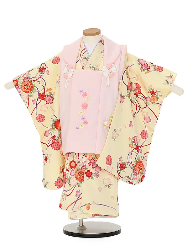 七五三(3歳女児被布)B453黄花てまり×ピンクの花の刺しゅう