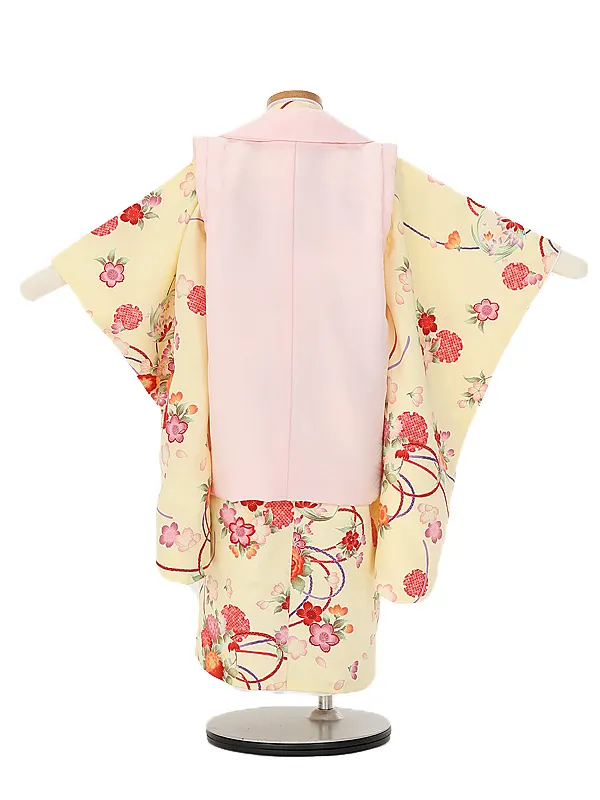 七五三(3歳女児被布)B453黄花てまり×ピンクの花の刺しゅう