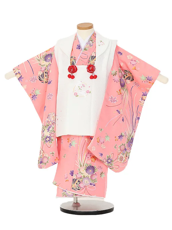 七五三(3歳女児被布)B455ピンク花てまり×白うさぎ刺しゅう