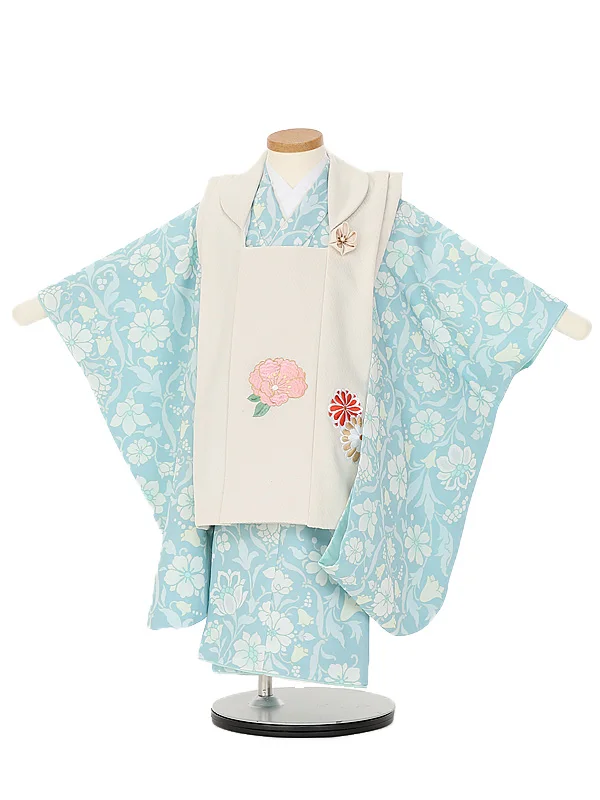 七五三(3歳女児被布)B458くすみ水色花×薄アイボリー花刺しゅう