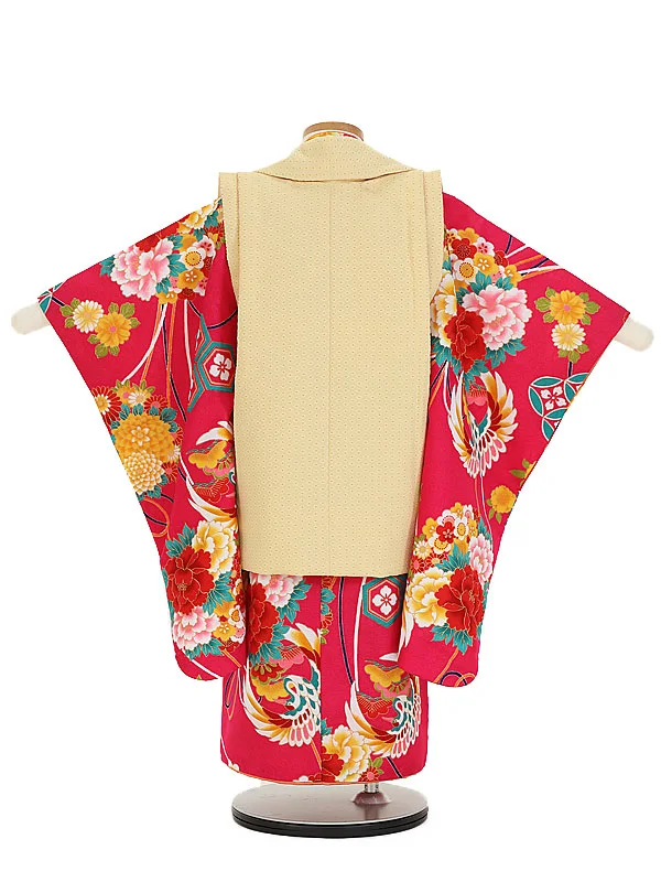 七五三(3歳女児被布)B462 クリーム黄×ローズピンク華薬玉鶴