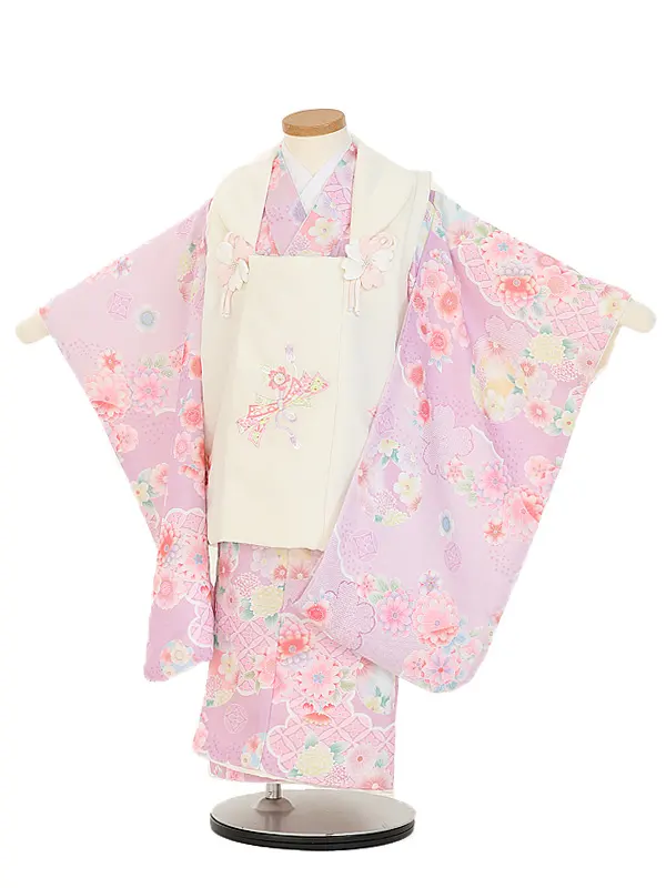 七五三(3歳女児被布)B464 オフ白リボン刺しゅう×うすパープルピンク花