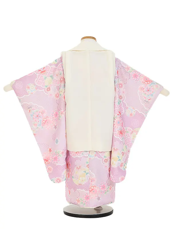七五三(3歳女児被布)B464 オフ白リボン刺しゅう×うすパープルピンク花