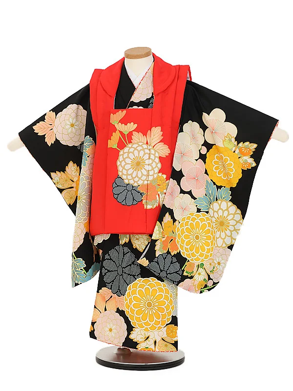 七五三(3歳女児被布)B466 赤祝菊×黒大輪祝菊