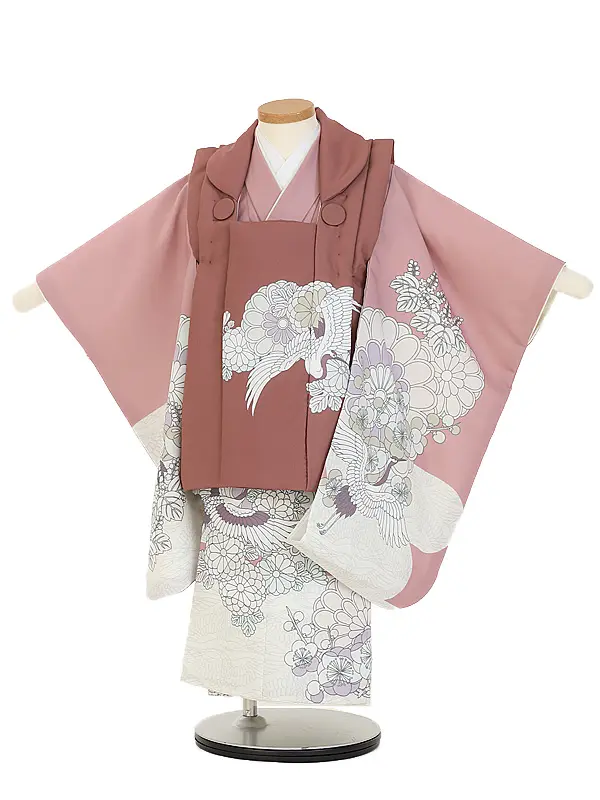 七五三(3歳女児被布)B467 小豆鶴×くすみピンク鶴祝菊