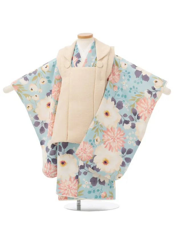 七五三(3歳女児被布)B472 クリームベージュ×水色モダン洋花