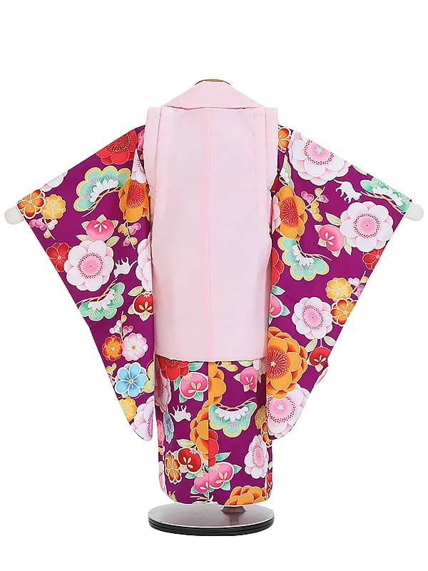 七五三(3歳女 被布)E382 紫花松×ピンク花刺しゅう