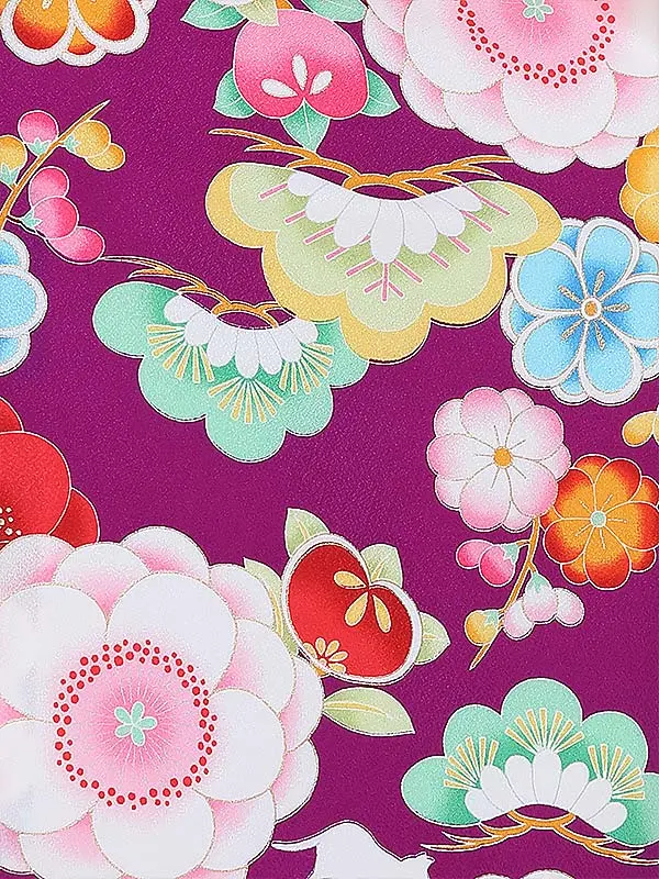 七五三(3歳女 被布)E382 紫花松×ピンク花刺しゅう