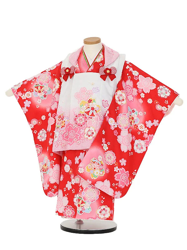 七五三(3歳女 被布)E387 赤桜×白かのこピンクぼかし花
