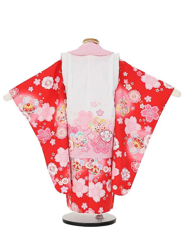 七五三(3歳女 被布)E387 赤桜×白かのこピンクぼかし花