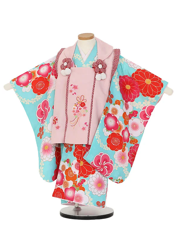 七五三(3歳女 被布)E389ブルー花×ピンク花かのこの花刺しゅう