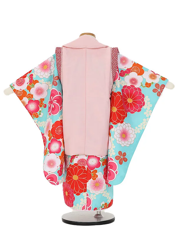 七五三(3歳女 被布)E389ブルー花×ピンク花かのこの花刺しゅう